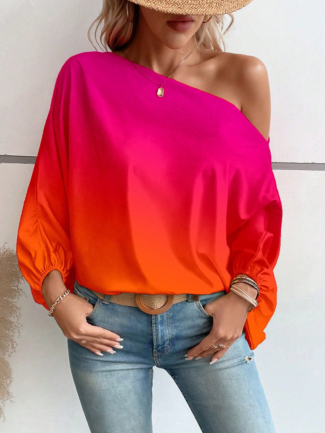 LUNE Ombre Asymmetrical Neck Batwing Sleeve Blouse