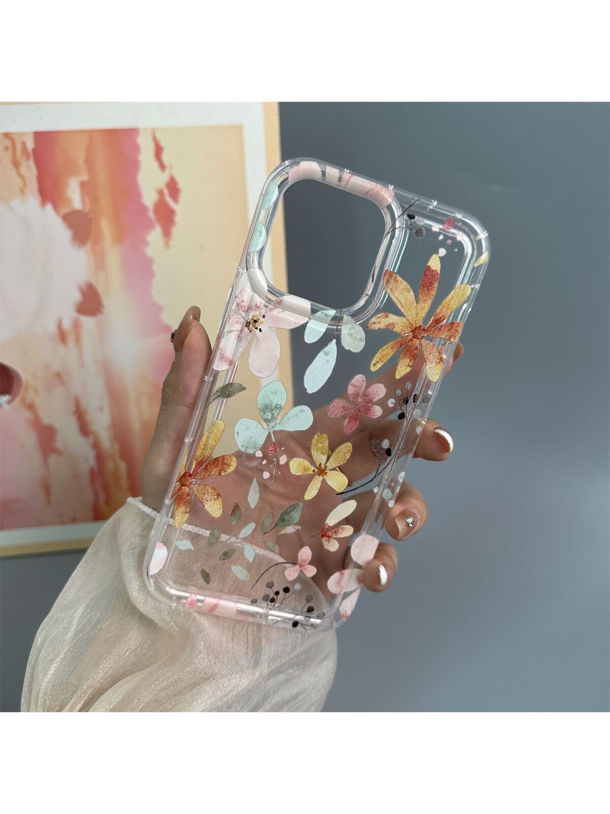 Floral 1pc Transparent TPU Airbag Shockproof Phone Case With Painted Pattern, Compatible With Apple And Samsung Models