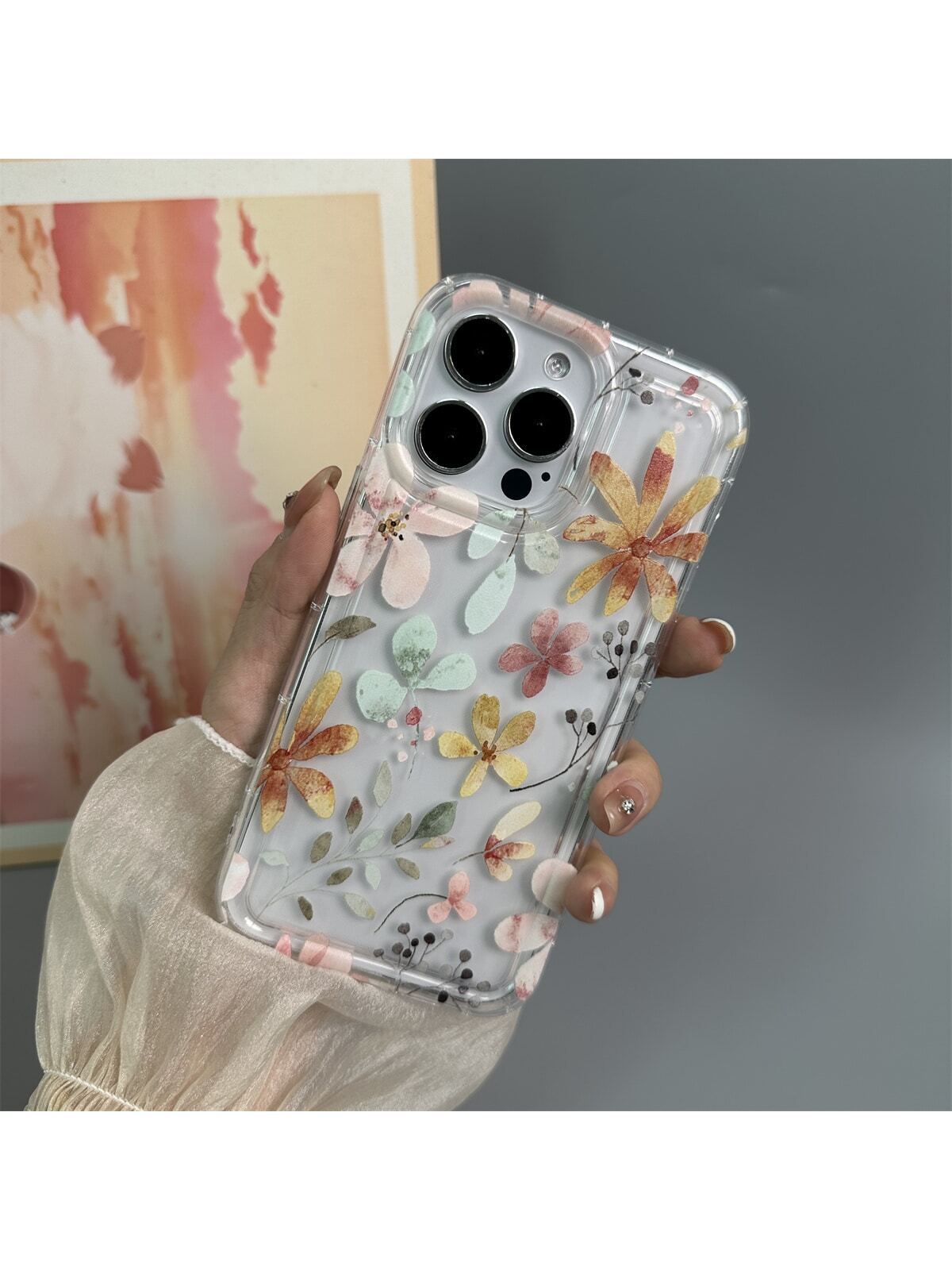 Floral 1pc Transparent TPU Airbag Shockproof Phone Case With Painted Pattern, Compatible With Apple And Samsung Models