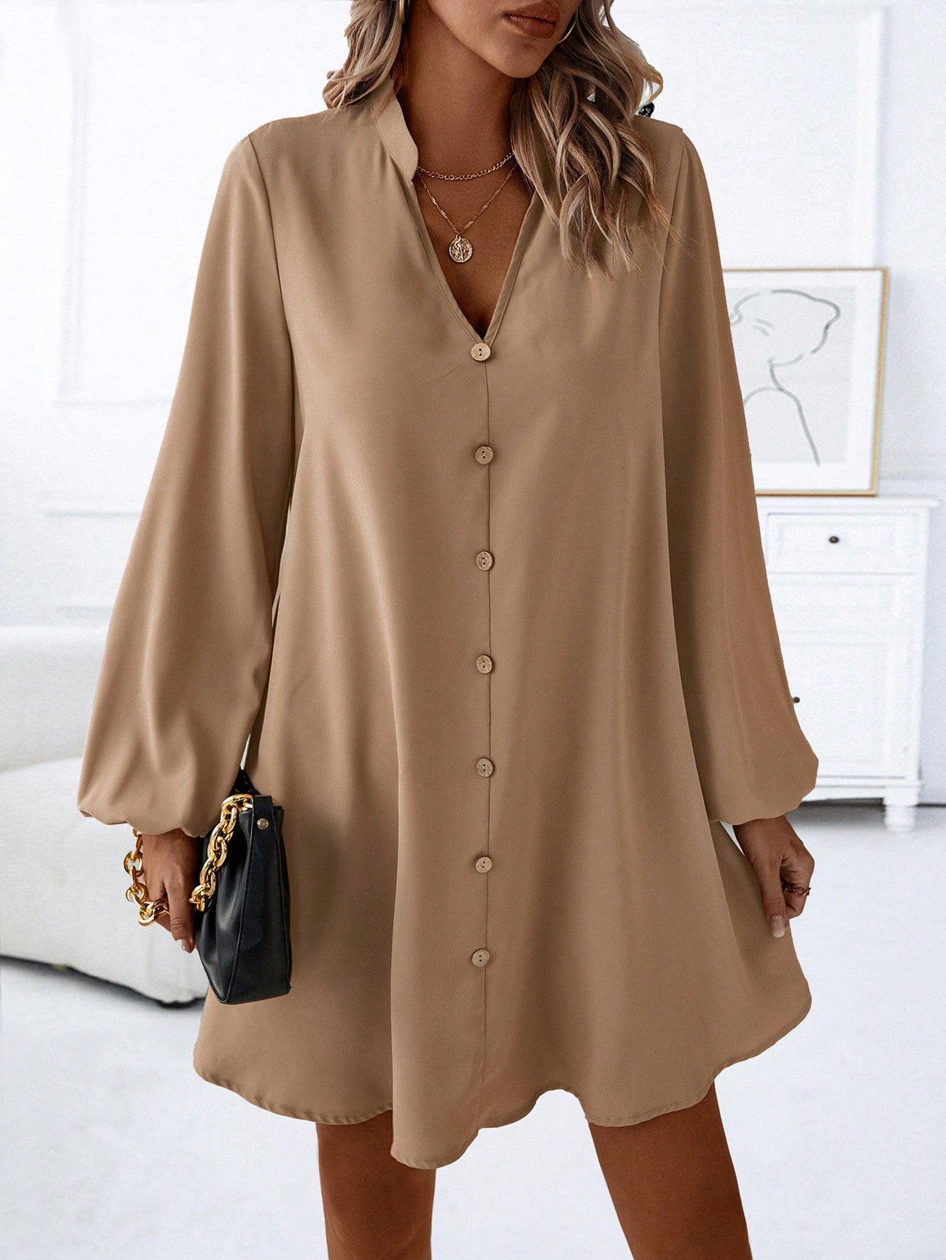 LUNE Notched Neckline Lantern Sleeve Button Front Dress