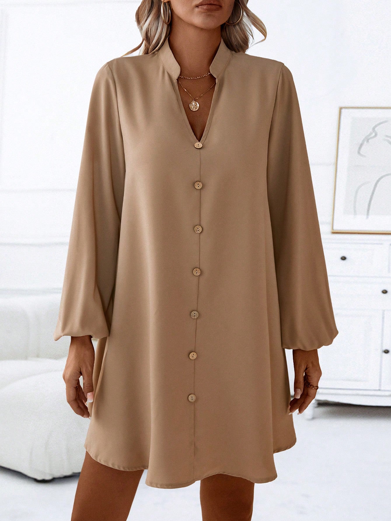 LUNE Notched Neckline Lantern Sleeve Button Front Dress