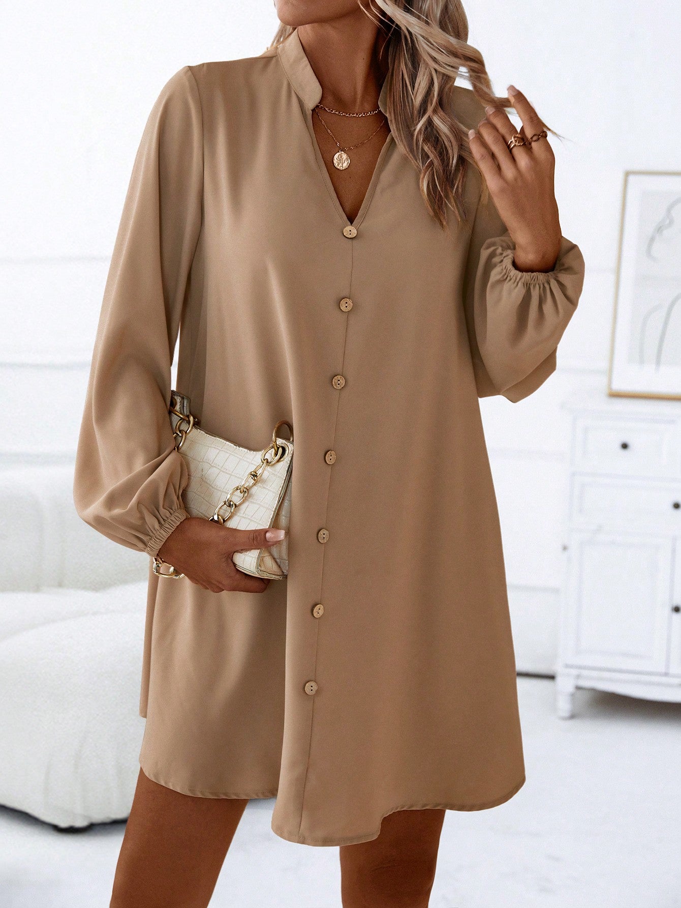 LUNE Notched Neckline Lantern Sleeve Button Front Dress