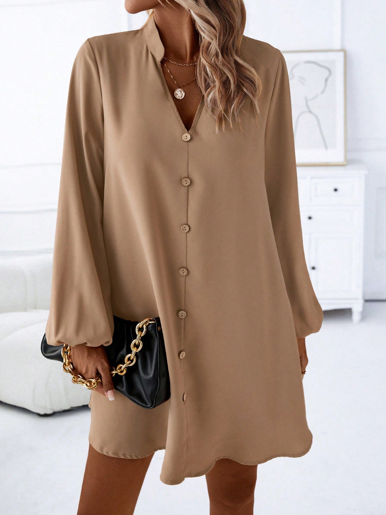 LUNE Notched Neckline Lantern Sleeve Button Front Dress