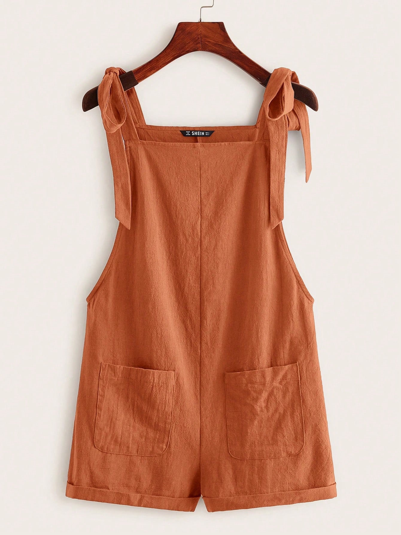 EZwear Summer Casual And Loose Black Knot Strap Pocket Patched Pinafore Short Romper