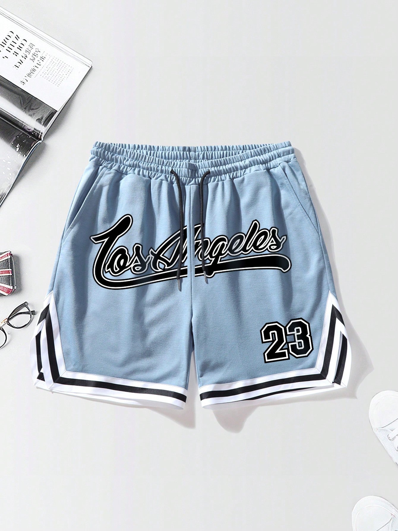 Manfinity Sporsity Manfinity Loose-Fit Men's Letter Print Striped Trim Shorts With Drawstring Waist Jogger Basketball Shorts