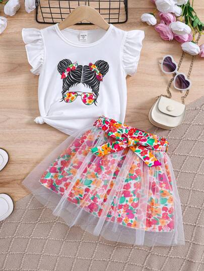 2pcs Young Girl Christmas Santa Claus & Bow Print Ruffle Collar Top And Mesh Patchwork Skirt Set