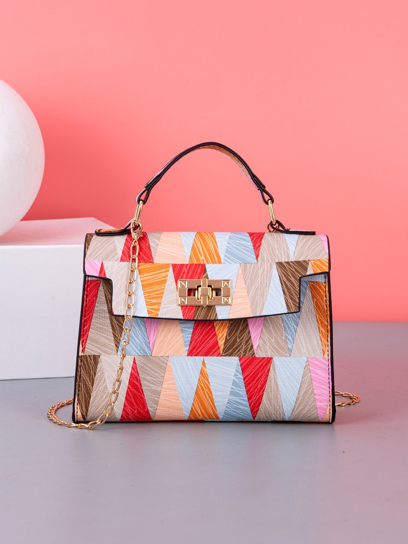 Crossbody Chain Mini Square Bag With Trendy Printed Top Handle And Multicolor Print For Women