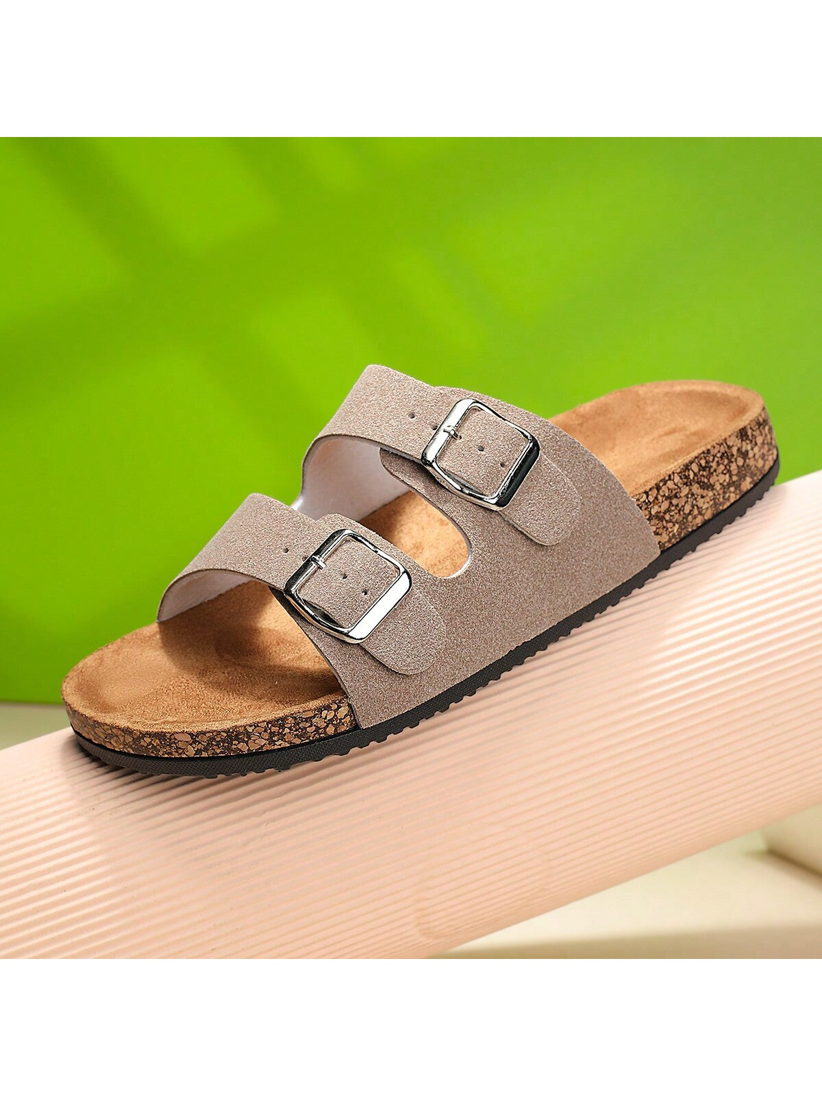 Trendy And Fashionable Buckle Flat Cork Slippers With Vacation Vibes For Men And Women, One-Button Outdoor Casual Sandals For Summer Beach