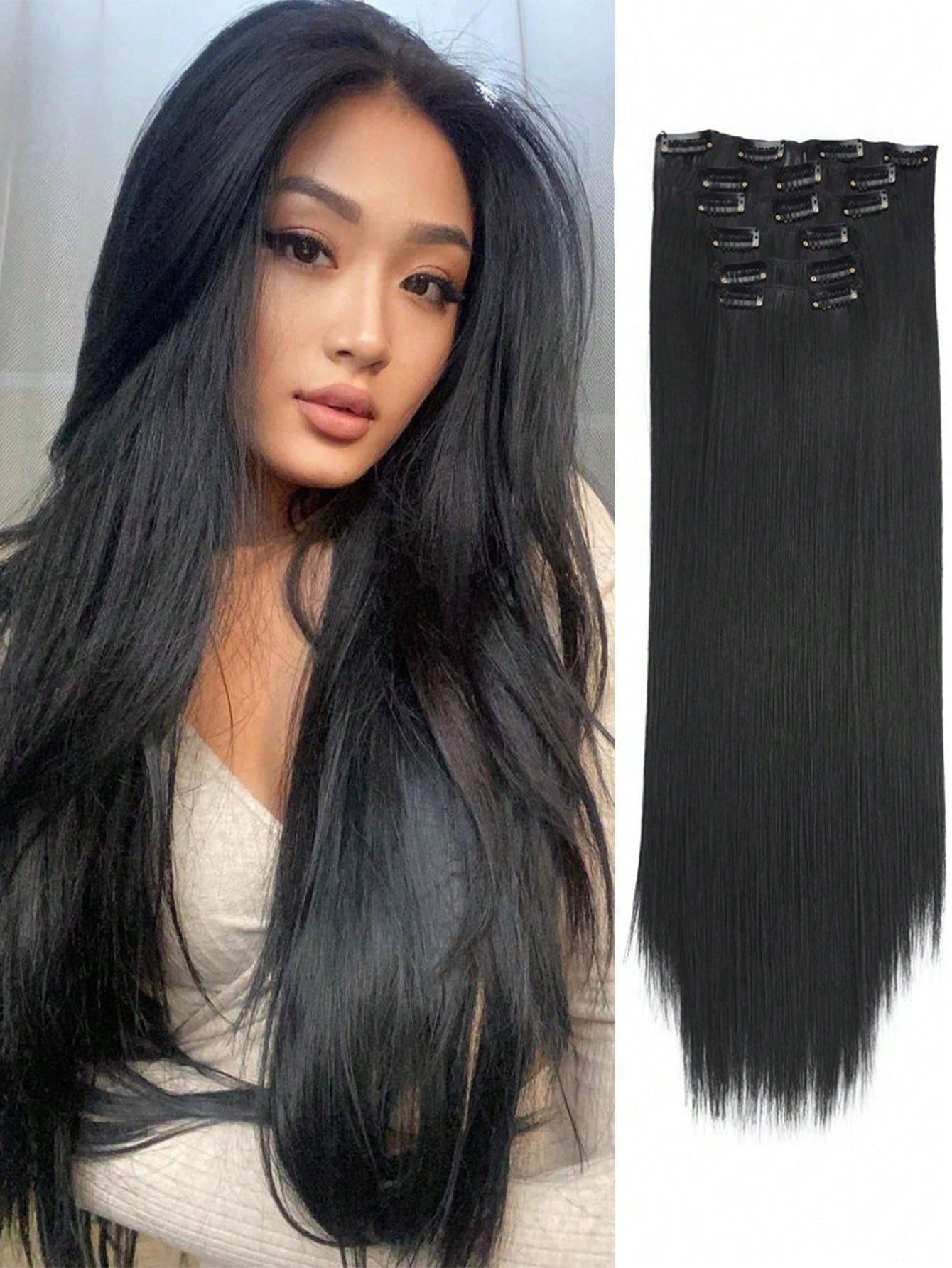 Clip in Hair Extensions, Hair Extensions Thick Long Lace Weft Lightweight Synthetic Hairpieces for Women Dark Brown