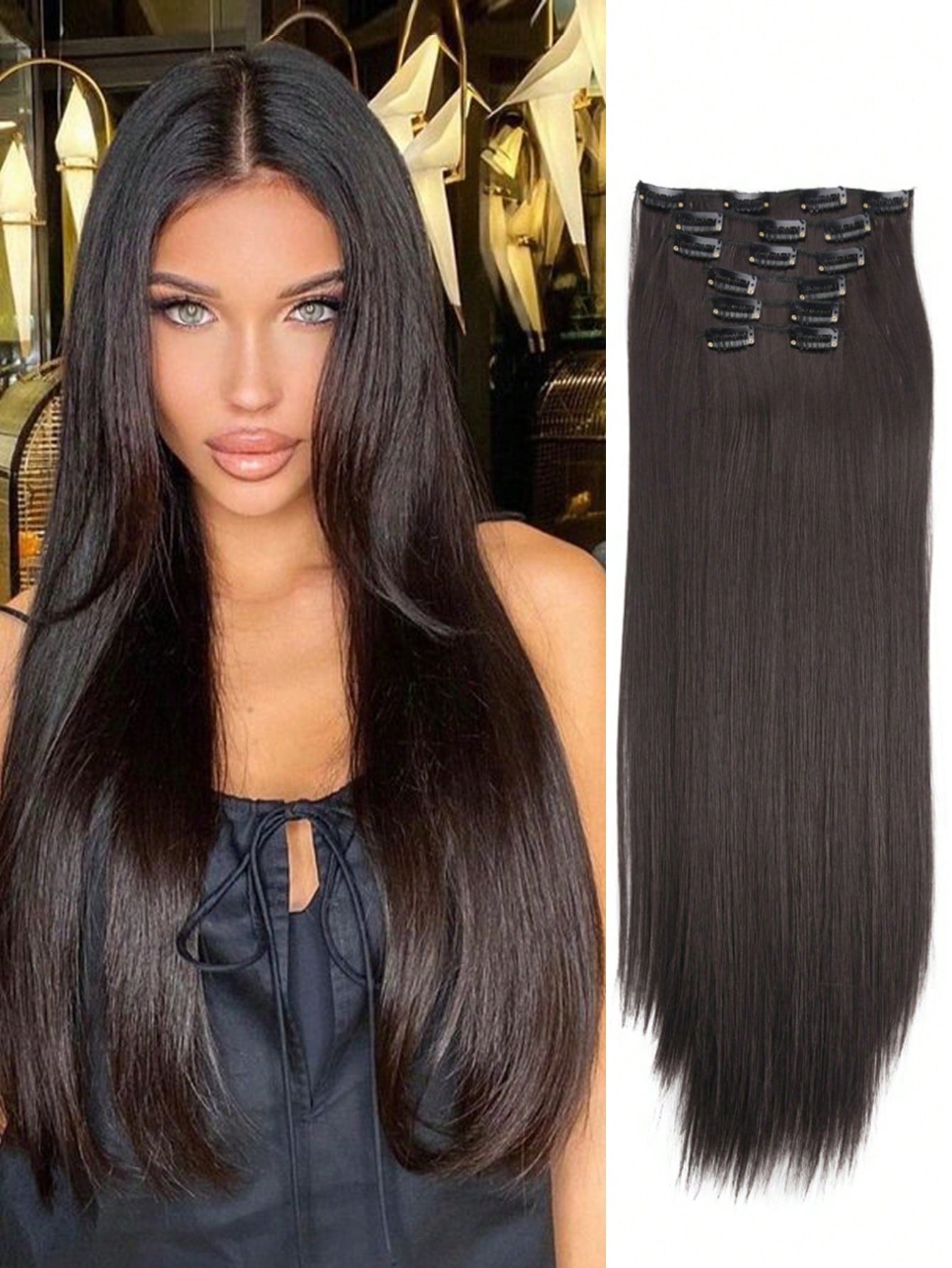 Clip in Hair Extensions, Hair Extensions Thick Long Lace Weft Lightweight Synthetic Hairpieces for Women Dark Brown