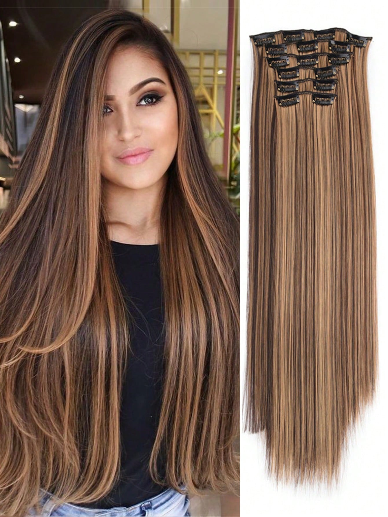 Clip in Hair Extensions, Hair Extensions Thick Long Lace Weft Lightweight Synthetic Hairpieces for Women Dark Brown