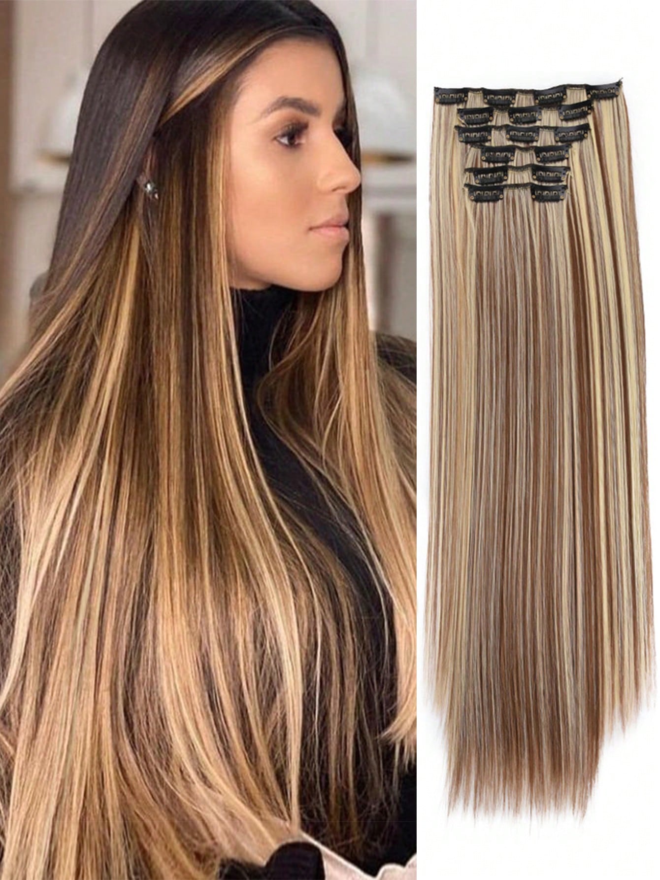 Clip in Hair Extensions, Hair Extensions Thick Long Lace Weft Lightweight Synthetic Hairpieces for Women Dark Brown