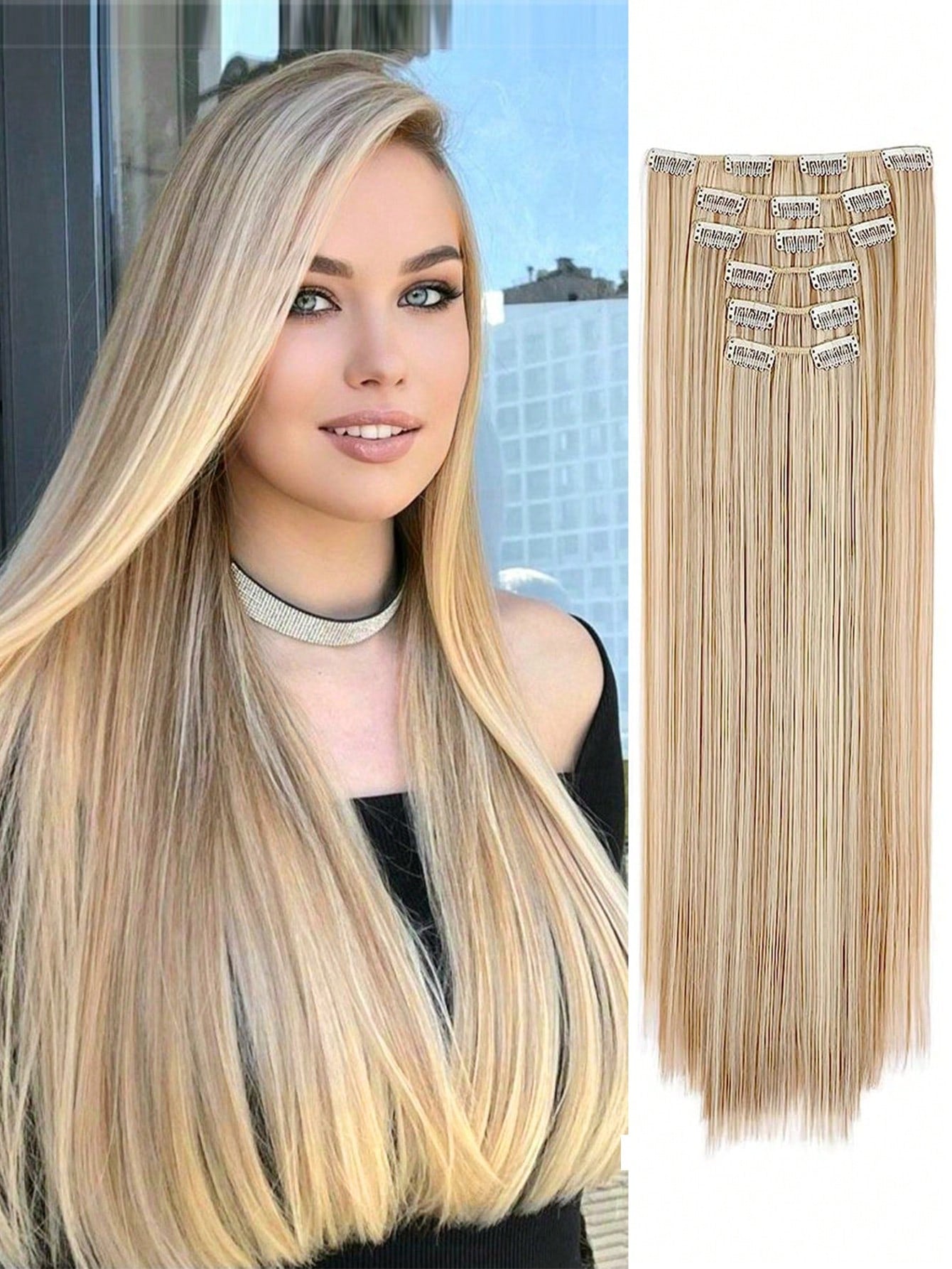 Clip in Hair Extensions, Hair Extensions Thick Long Lace Weft Lightweight Synthetic Hairpieces for Women Dark Brown