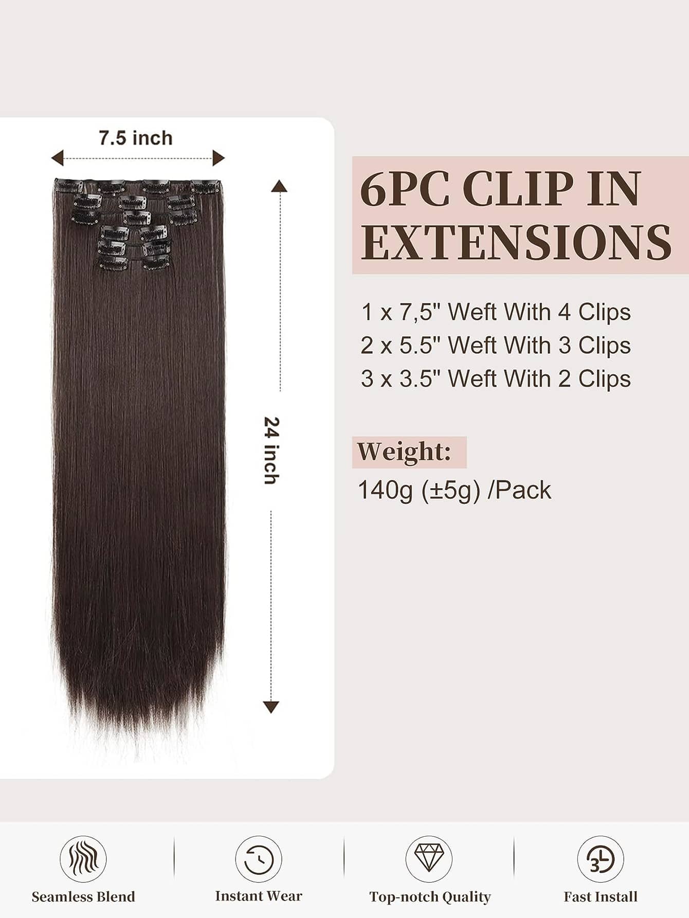 Clip in Hair Extensions, Hair Extensions Thick Long Lace Weft Lightweight Synthetic Hairpieces for Women Dark Brown