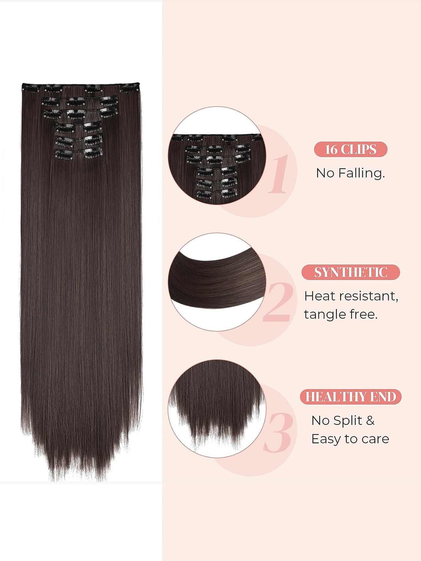 Clip in Hair Extensions, Hair Extensions Thick Long Lace Weft Lightweight Synthetic Hairpieces for Women Dark Brown