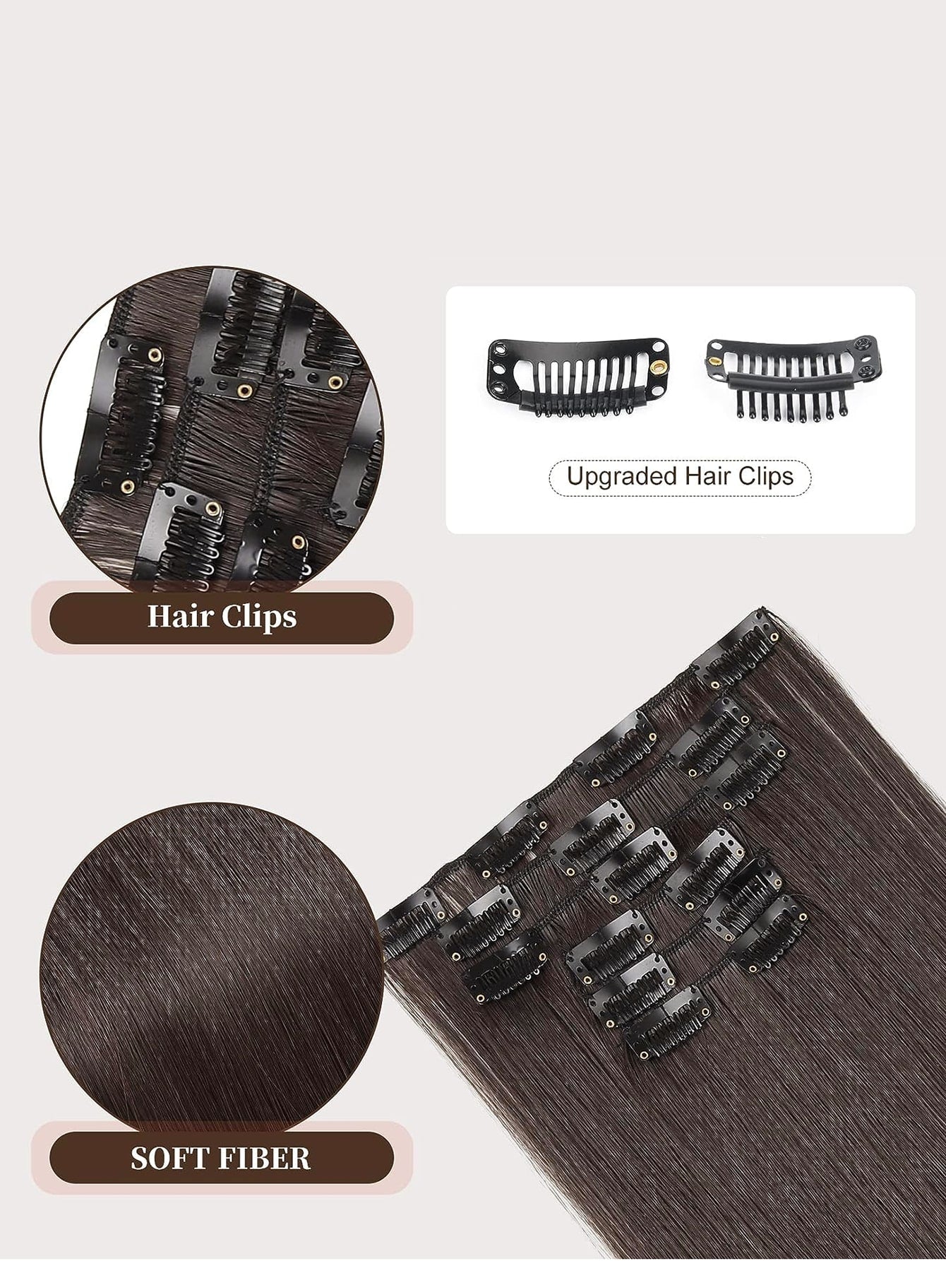 Clip in Hair Extensions, Hair Extensions Thick Long Lace Weft Lightweight Synthetic Hairpieces for Women Dark Brown