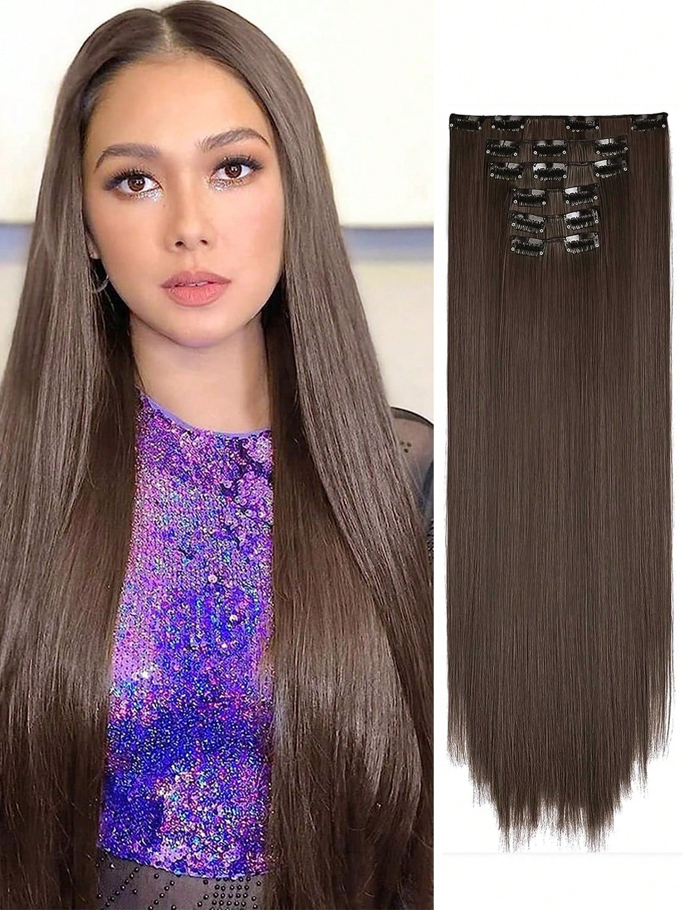 Clip in Hair Extensions, Hair Extensions Thick Long Lace Weft Lightweight Synthetic Hairpieces for Women Dark Brown