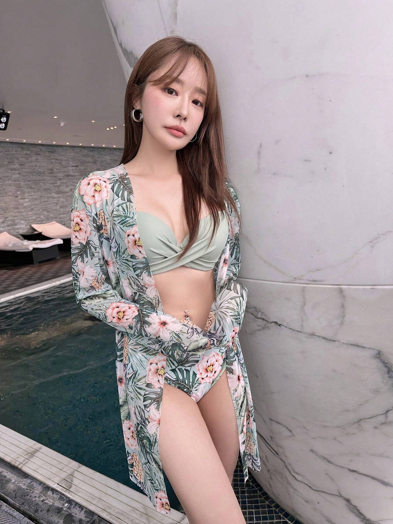 Swim Summer Beach Tropical Print Push Up Bikini Set With Kimono