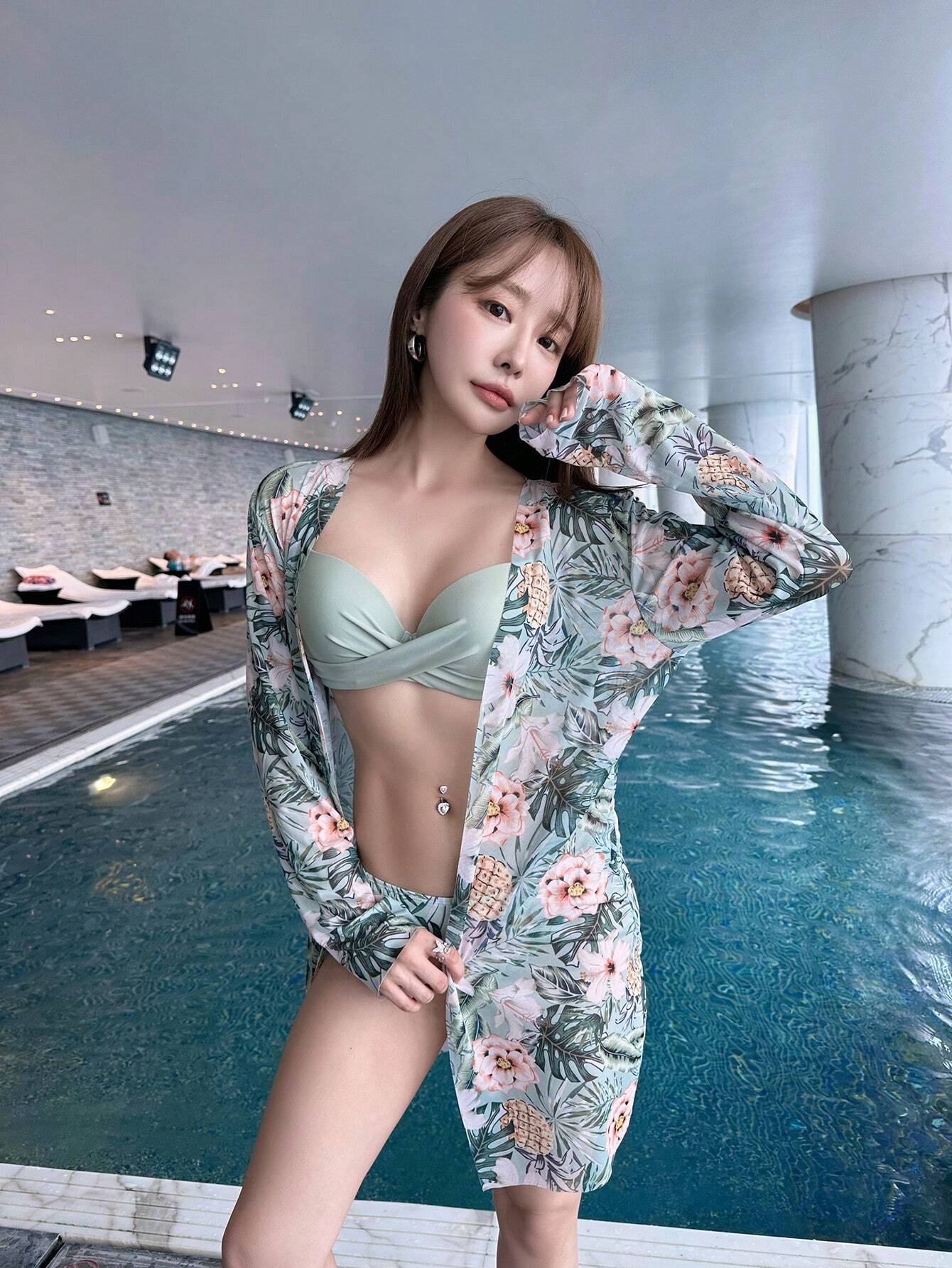 Swim Summer Beach Tropical Print Push Up Bikini Set With Kimono