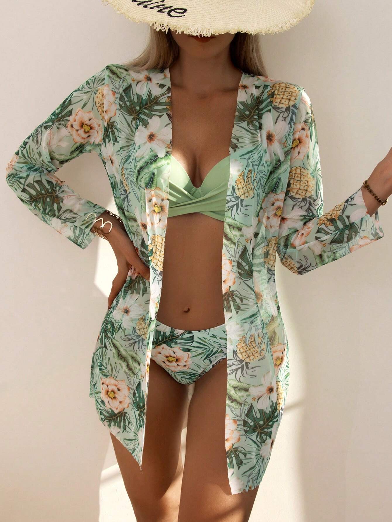 Swim Summer Beach Tropical Print Push Up Bikini Set With Kimono