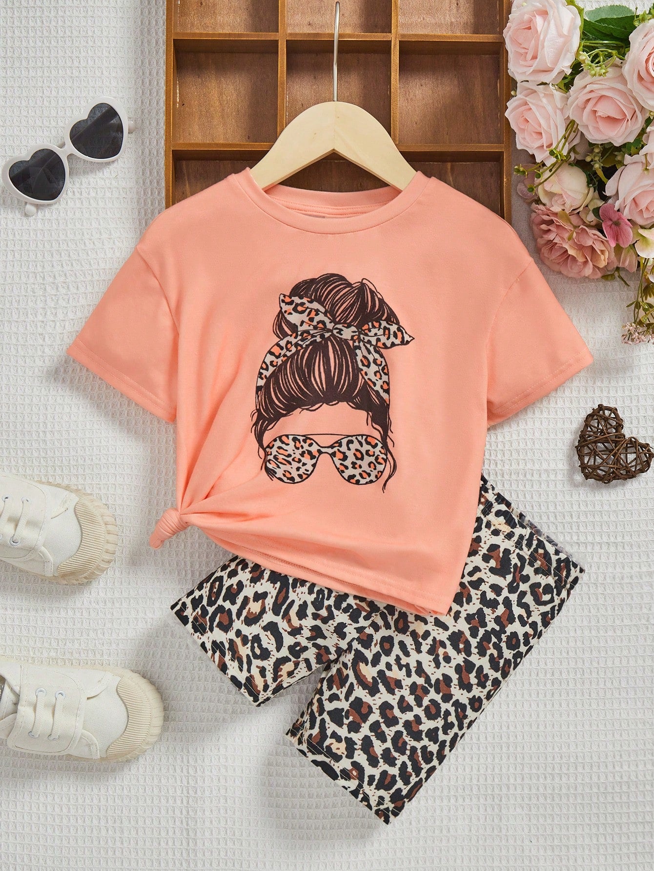 Young Girl Leopard & Figure Graphic Tee & Shorts