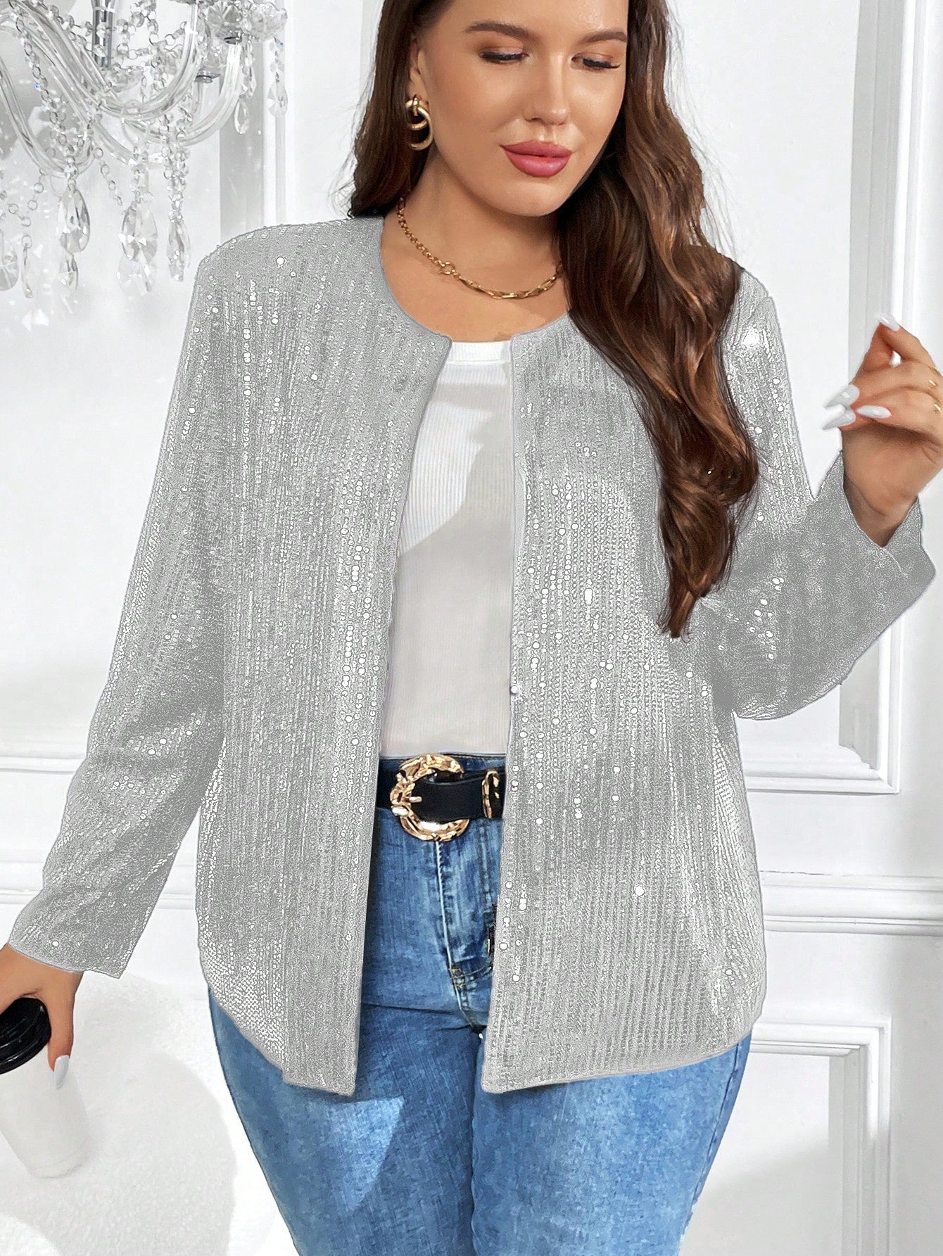 Clasi Plus Open Front Sequin Jacket