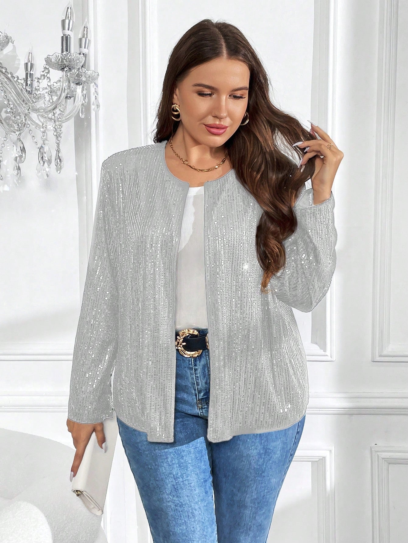 Clasi Plus Open Front Sequin Jacket