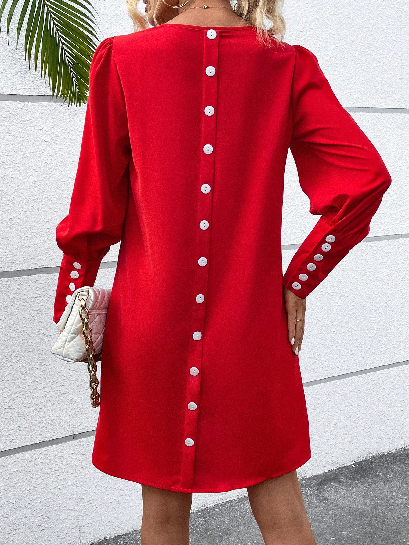 LUNE Button Back Gigot Sleeve Tunic Dress