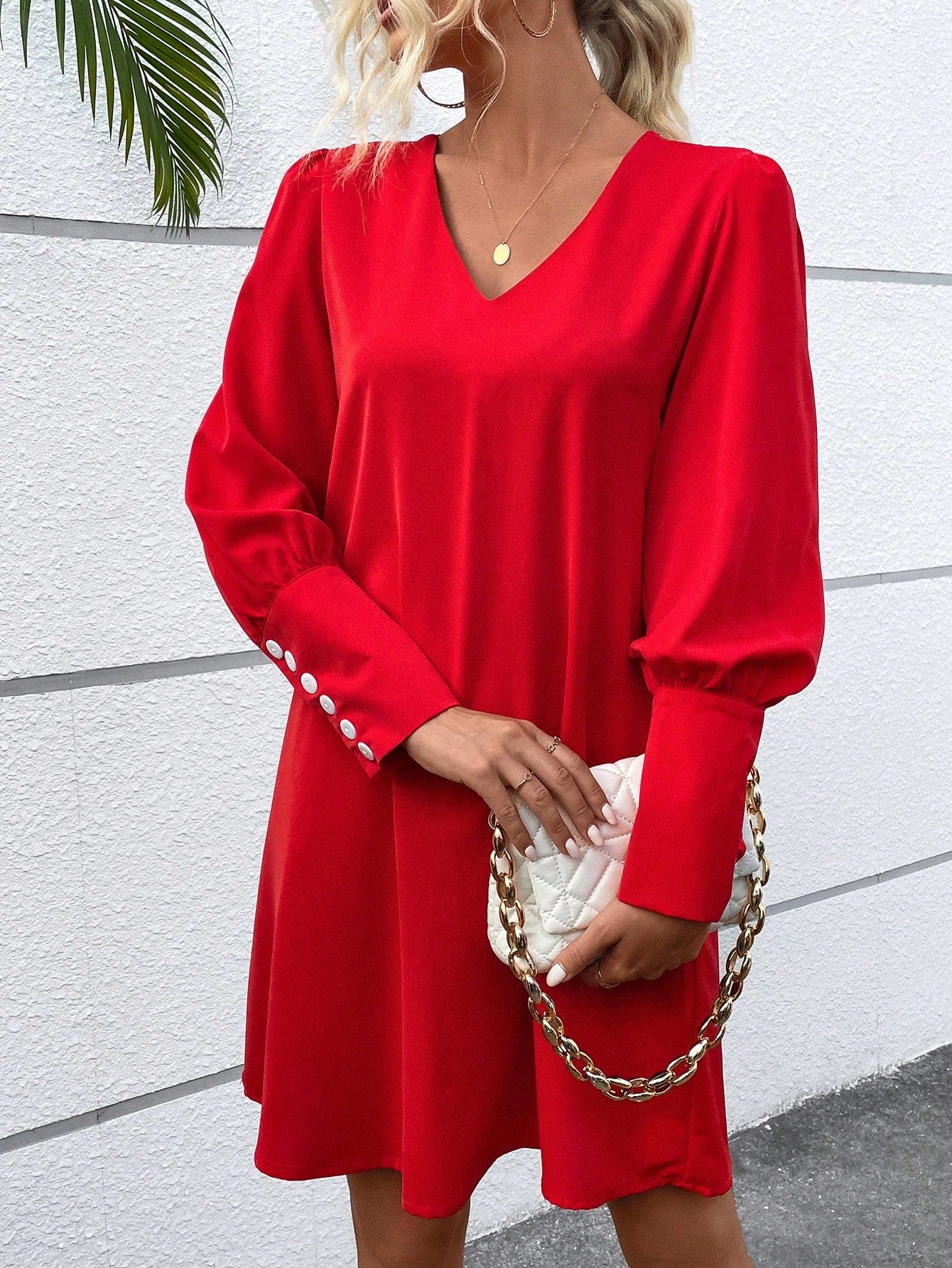 LUNE Button Back Gigot Sleeve Tunic Dress