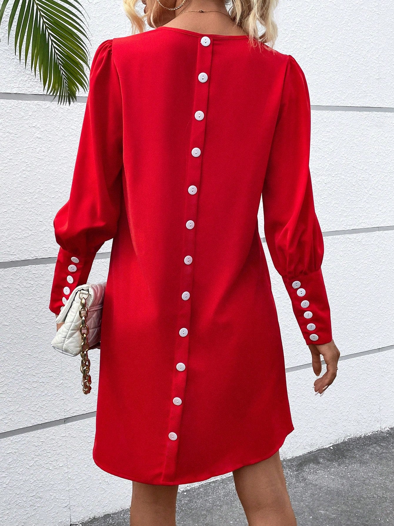 LUNE Button Back Gigot Sleeve Tunic Dress