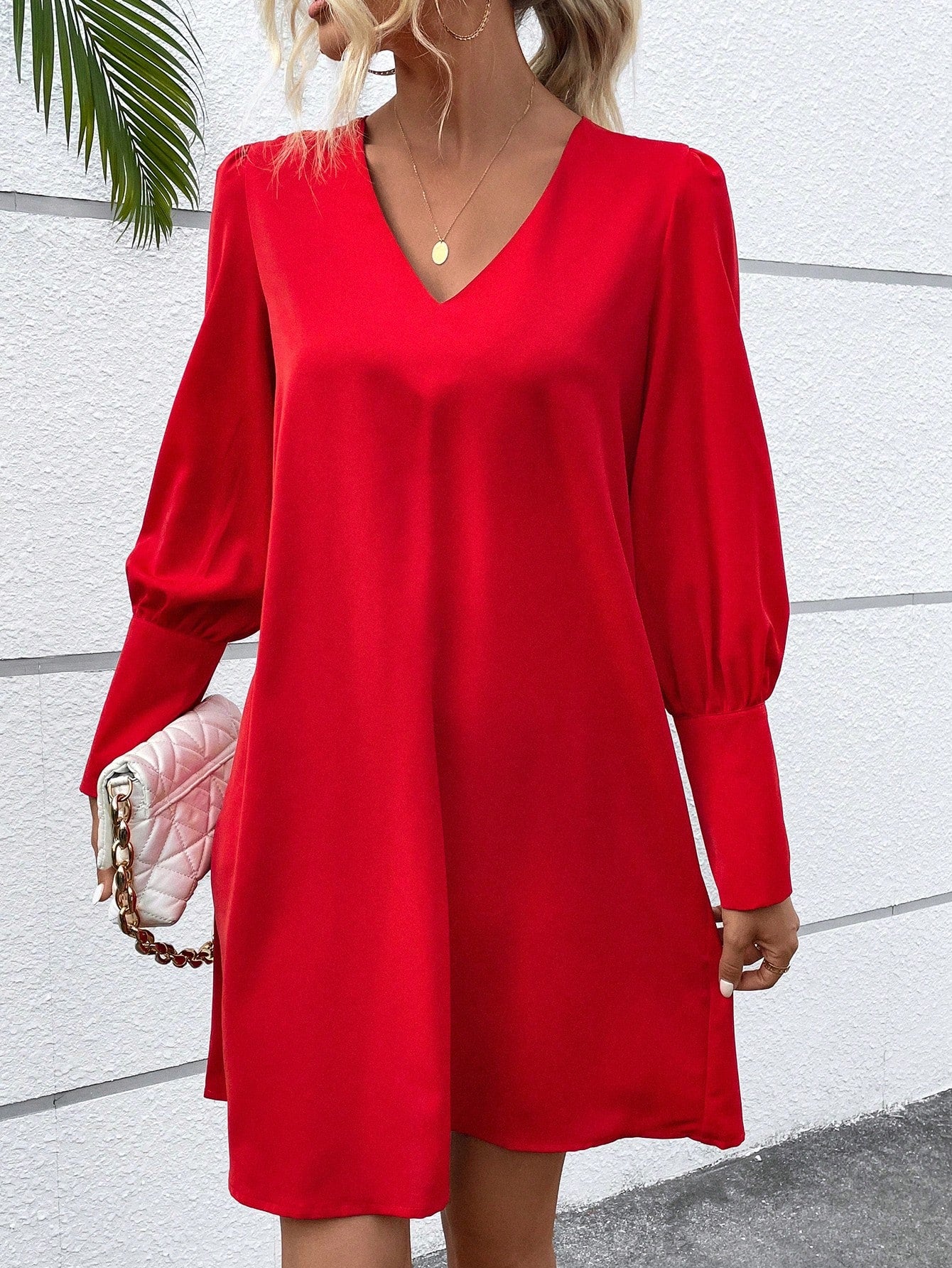 LUNE Button Back Gigot Sleeve Tunic Dress