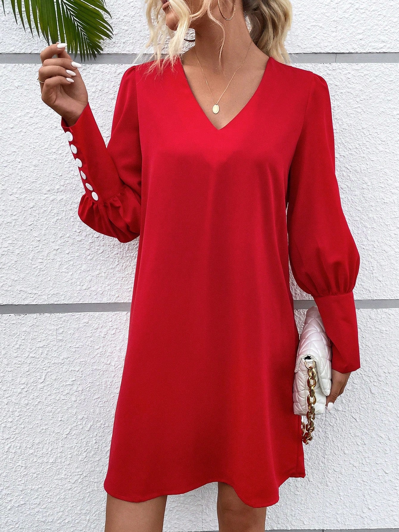 LUNE Button Back Gigot Sleeve Tunic Dress