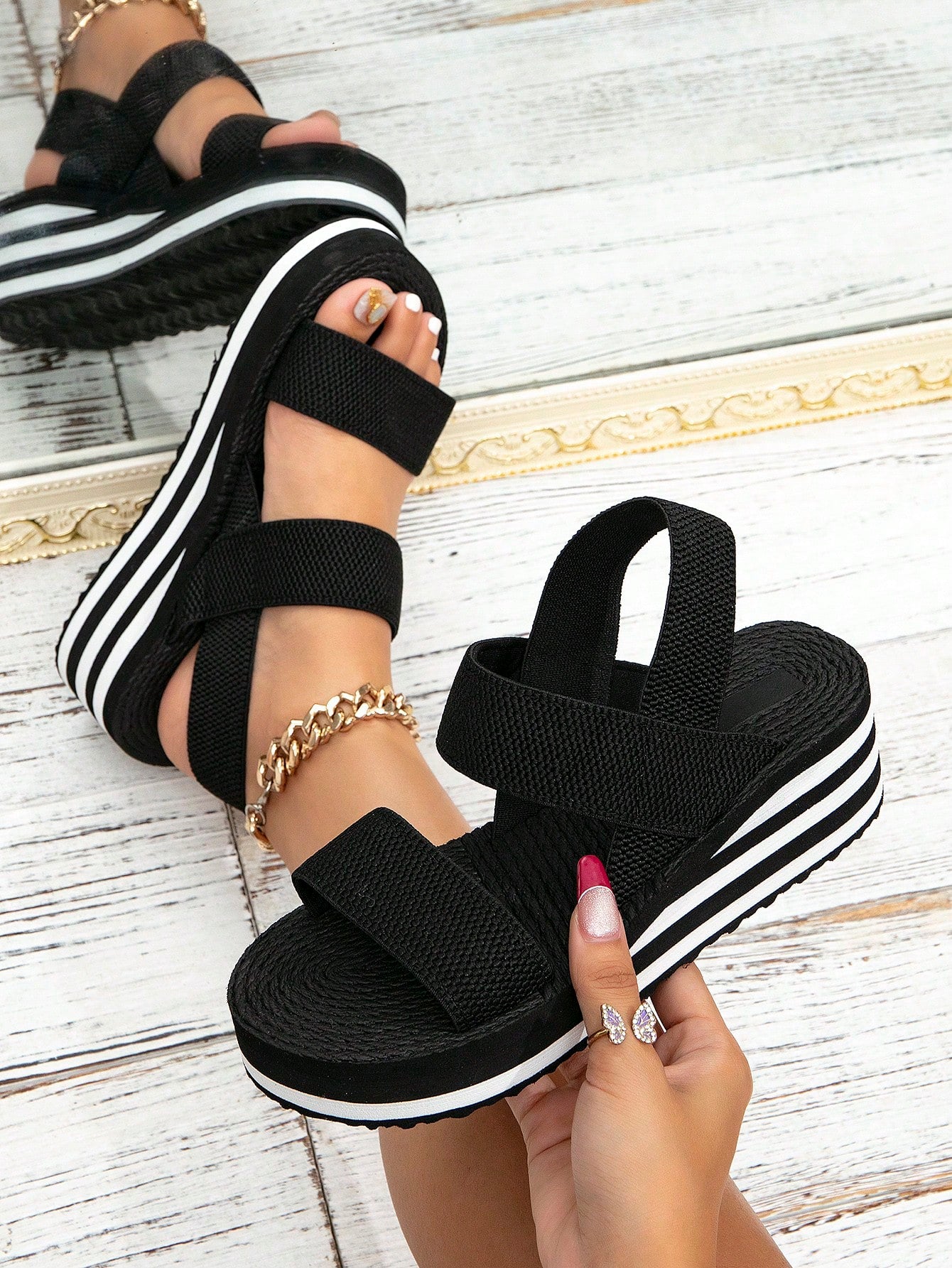 Women Double Band Slingback Sandals, Vacation Summer Elastic Wedge Sandals