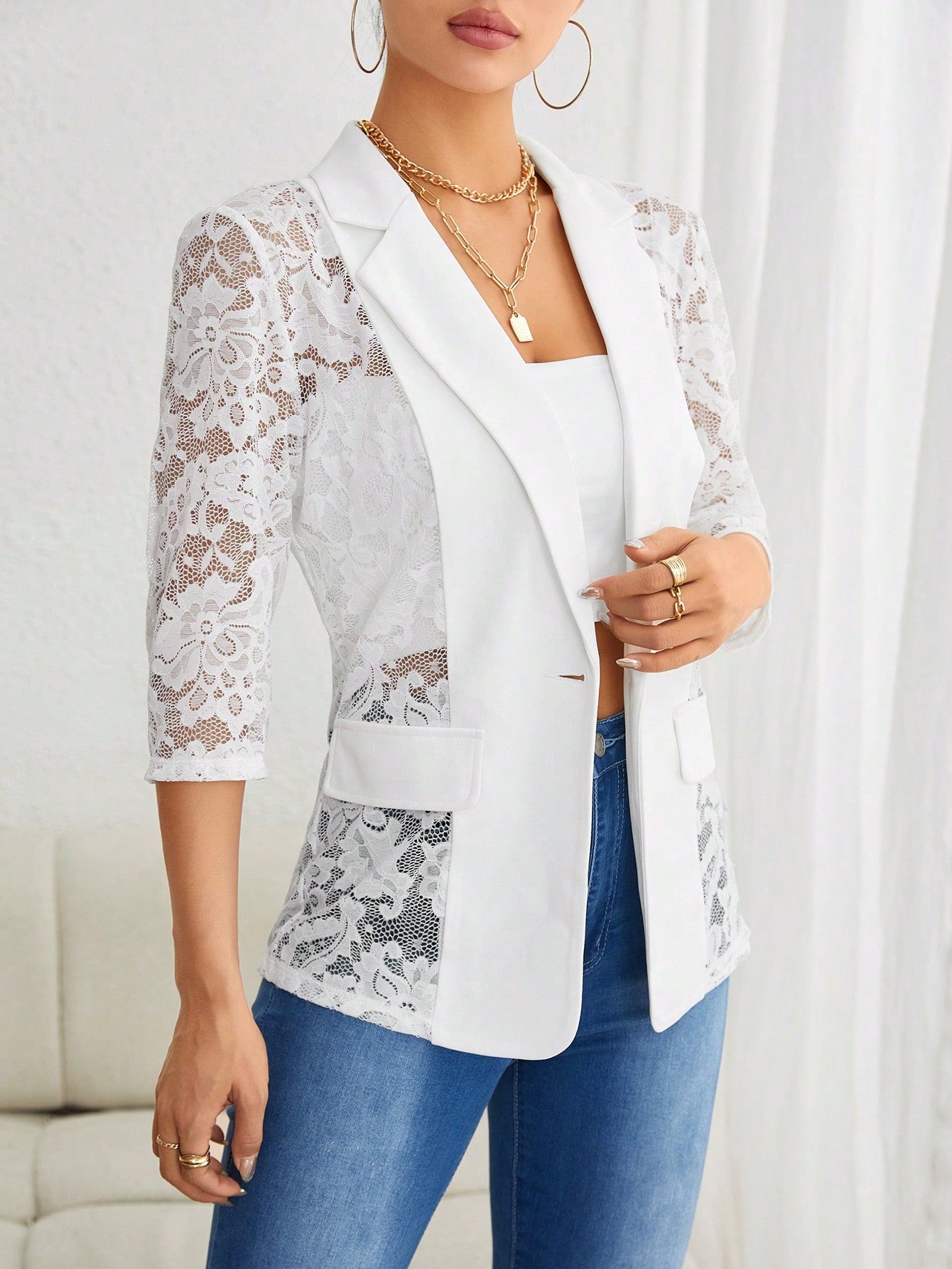 Clasi Contrast Lace Flap Detail Single Button Blazer