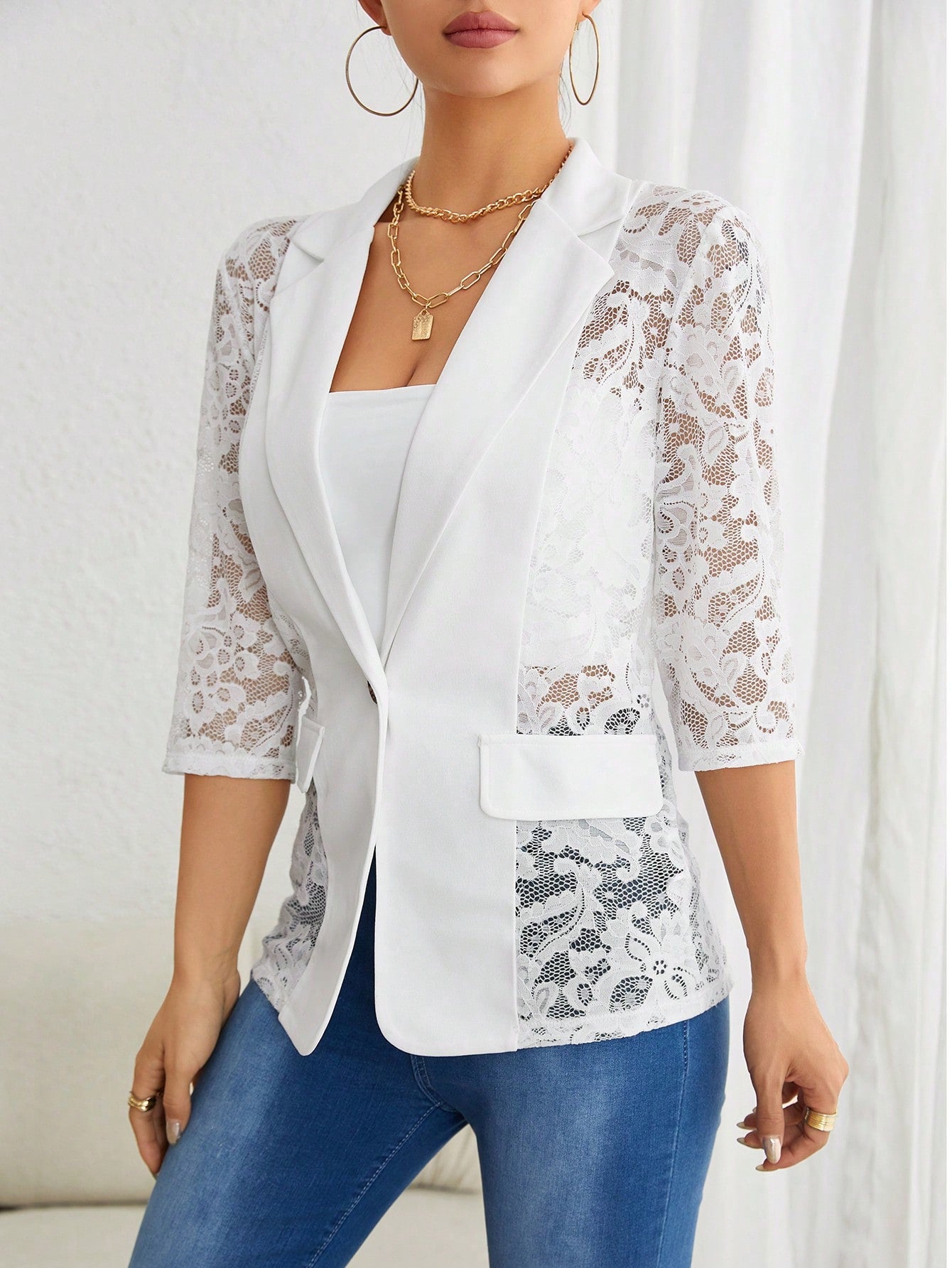 Clasi Contrast Lace Flap Detail Single Button Blazer