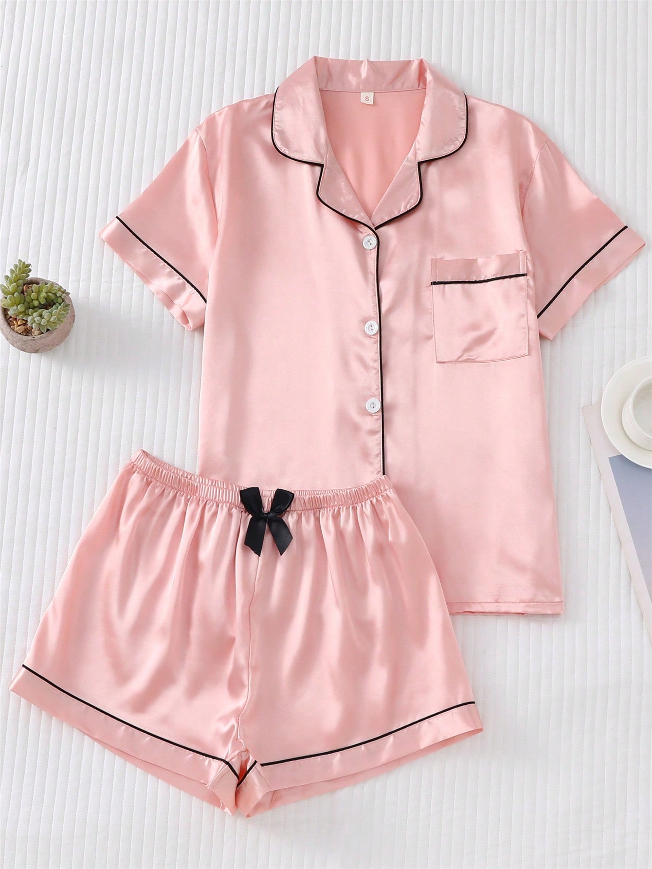 2pcs/set Satin Blue Pajama Set Include Short Sleeve Lapel Top And Bowknot Shorts For Women, Homewear