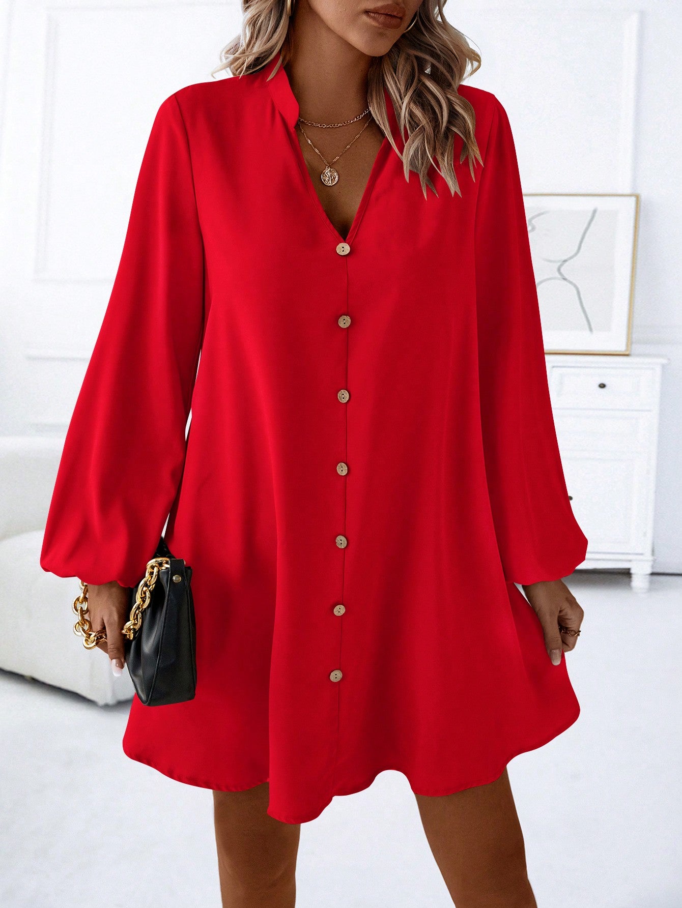 LUNE Notched Neckline Lantern Sleeve Button Front Dress