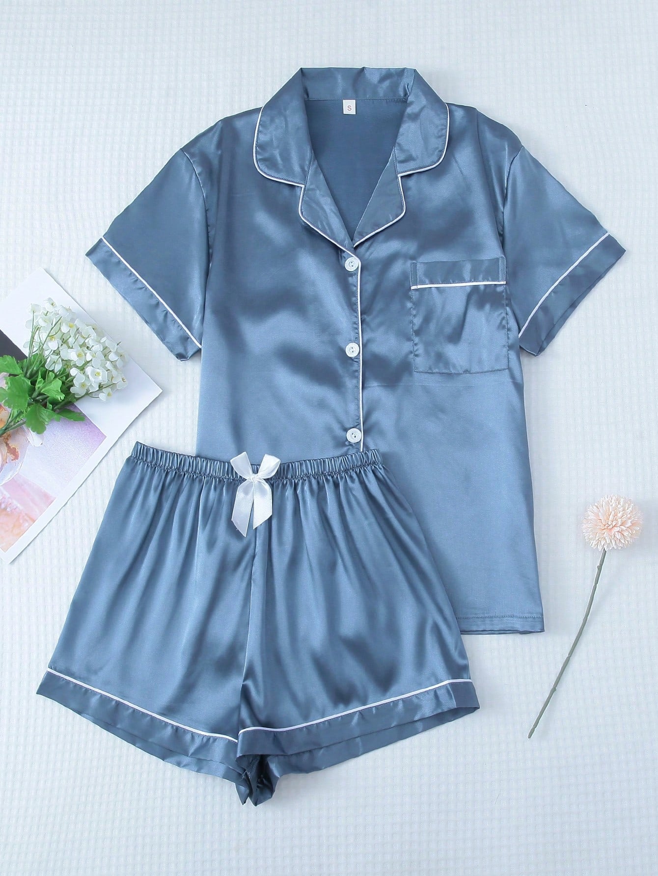 2pcs/set Satin Blue Pajama Set Include Short Sleeve Lapel Top And Bowknot Shorts For Women, Homewear