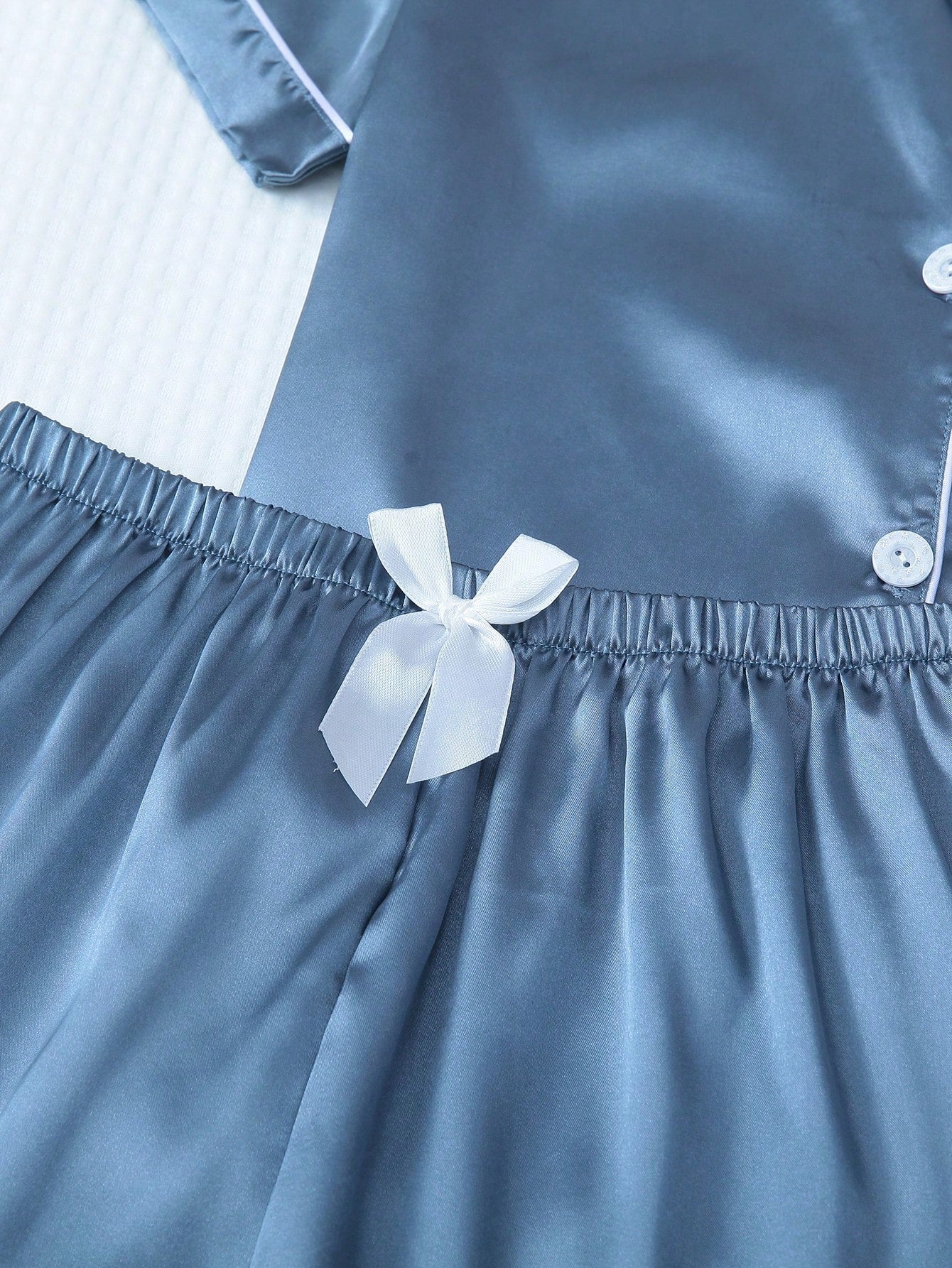 2pcs/set Satin Blue Pajama Set Include Short Sleeve Lapel Top And Bowknot Shorts For Women, Homewear