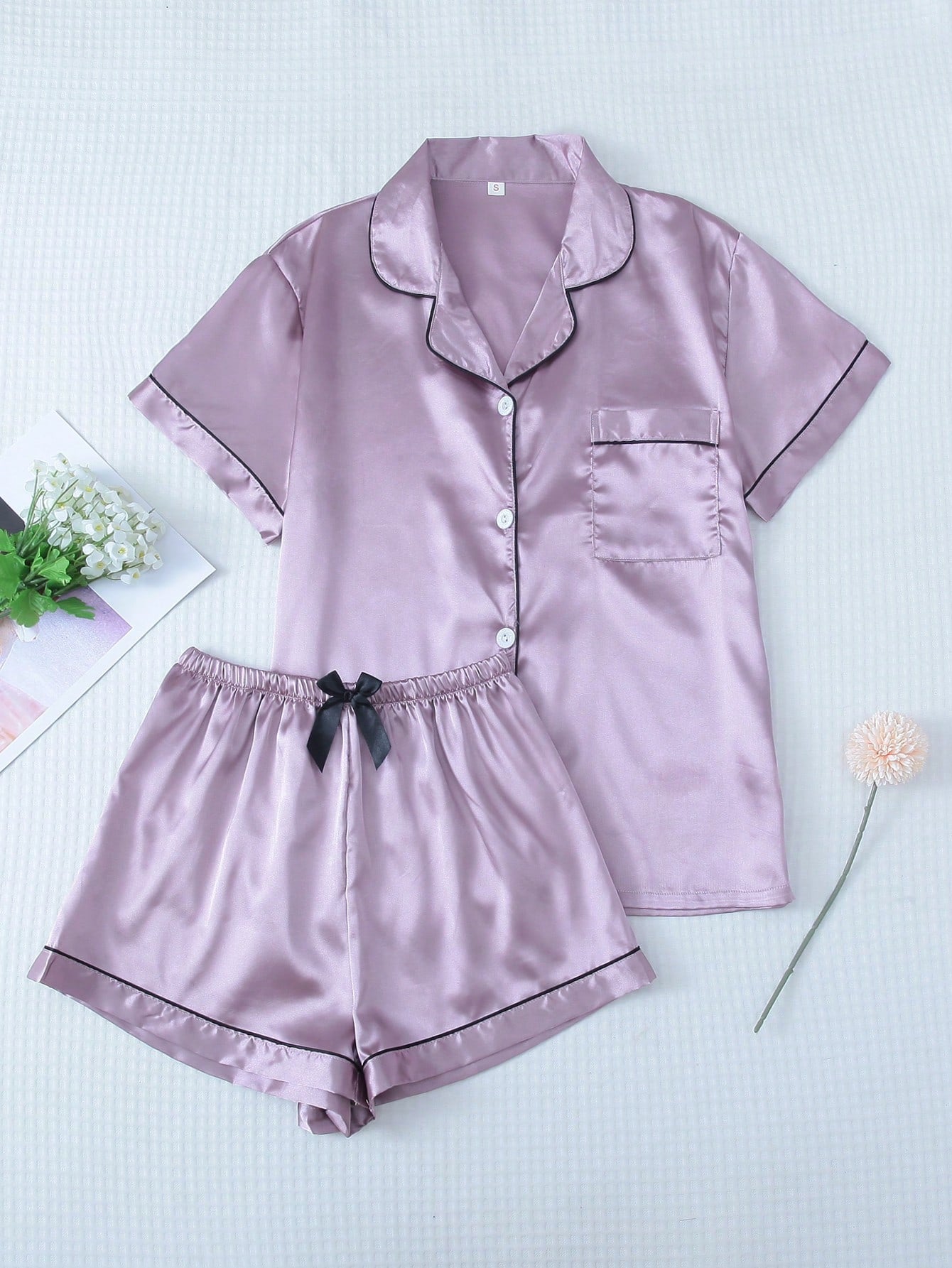 2pcs/set Satin Blue Pajama Set Include Short Sleeve Lapel Top And Bowknot Shorts For Women, Homewear