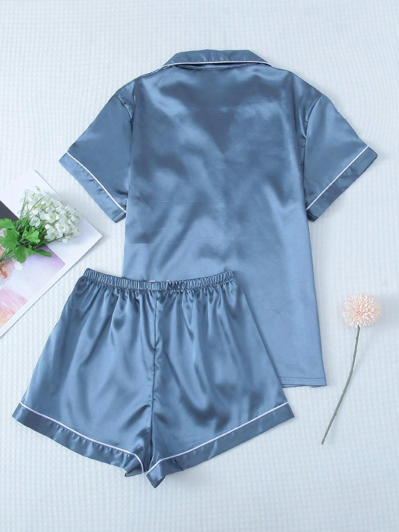 2pcs/set Satin Blue Pajama Set Include Short Sleeve Lapel Top And Bowknot Shorts For Women, Homewear