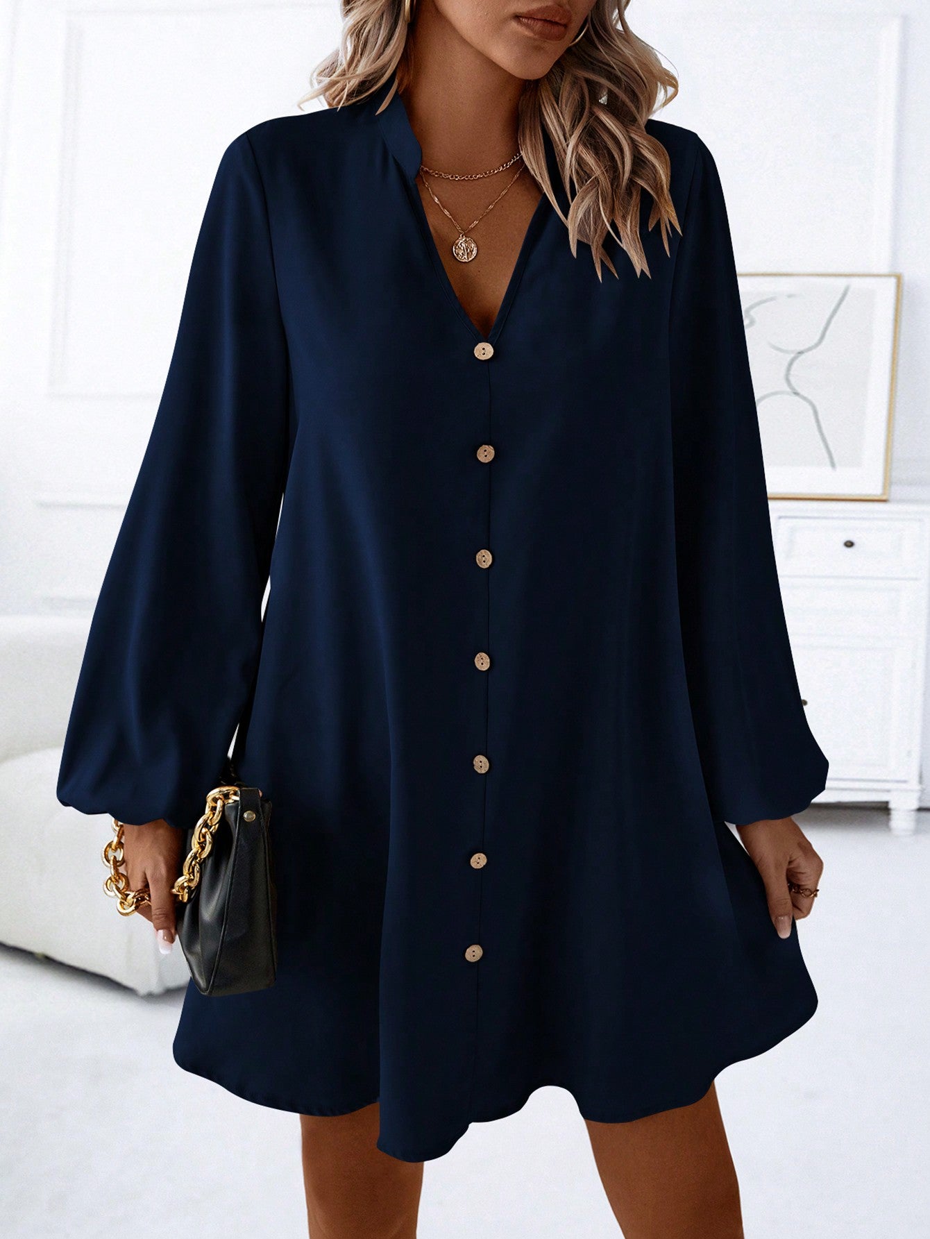 LUNE Notched Neckline Lantern Sleeve Button Front Dress