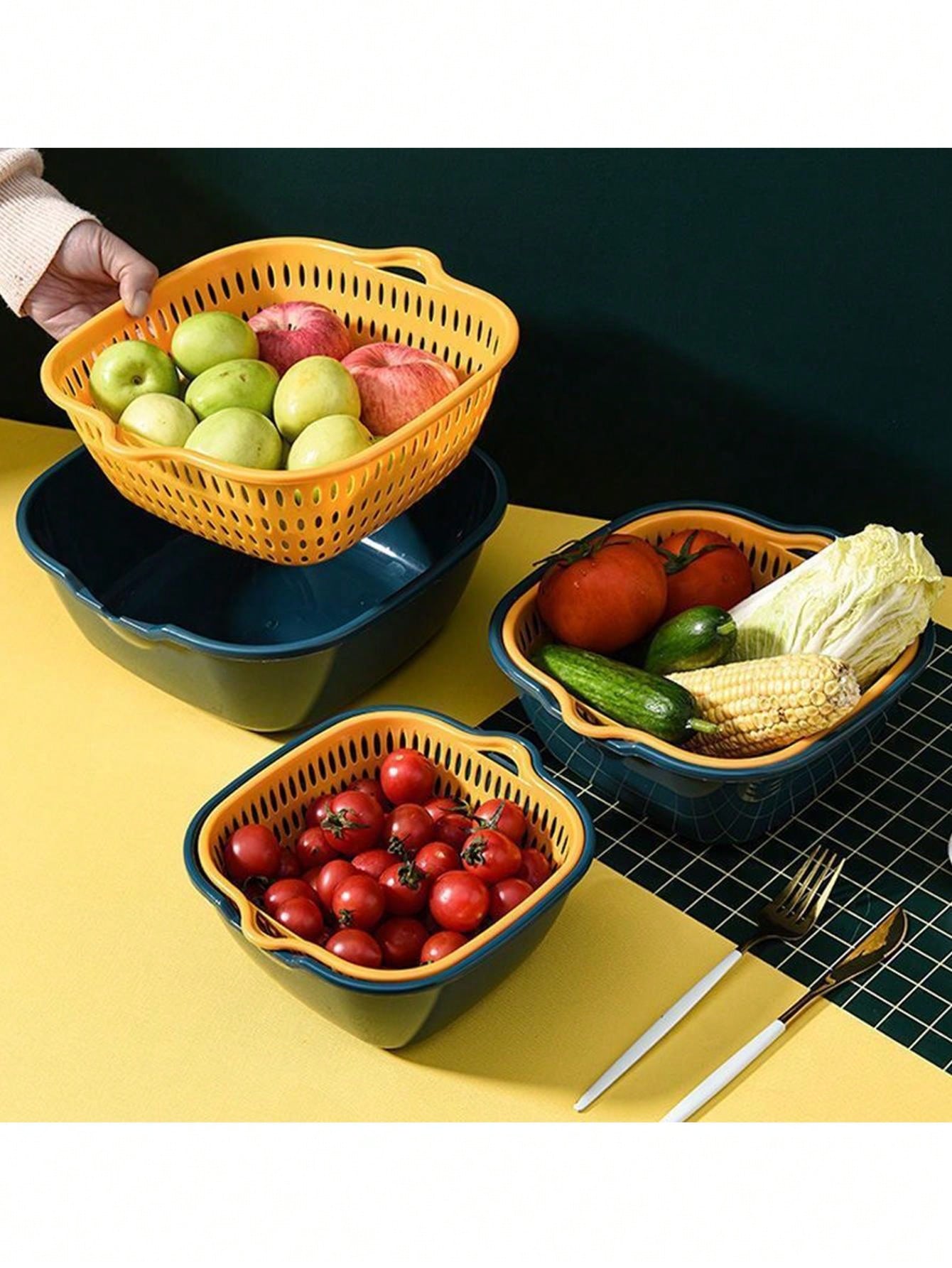 1set/6pcs Double Layer Vegetable Wash Bowl, Fruit Basket, Drain Basket, Living Room Household