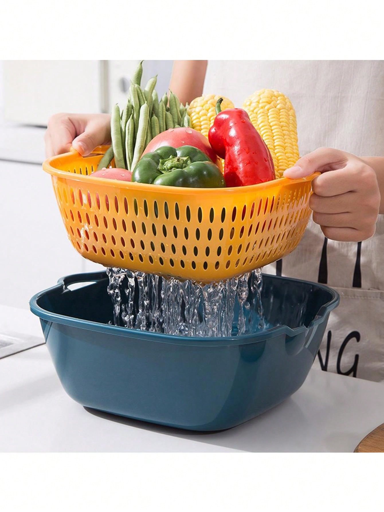 1set/6pcs Double Layer Vegetable Wash Bowl, Fruit Basket, Drain Basket, Living Room Household