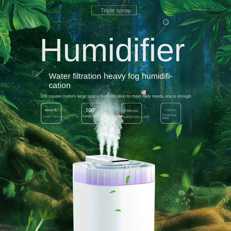 3L Large Capacity Silent Rhythm Humidifier - Whisper-Quiet Operation, Three Spout Design for Heavy Fog Output, Ideal for Office, Bedroom, and Home Use - Easy to Clean and Refill, Mute Operation for Undisturbed Sleep