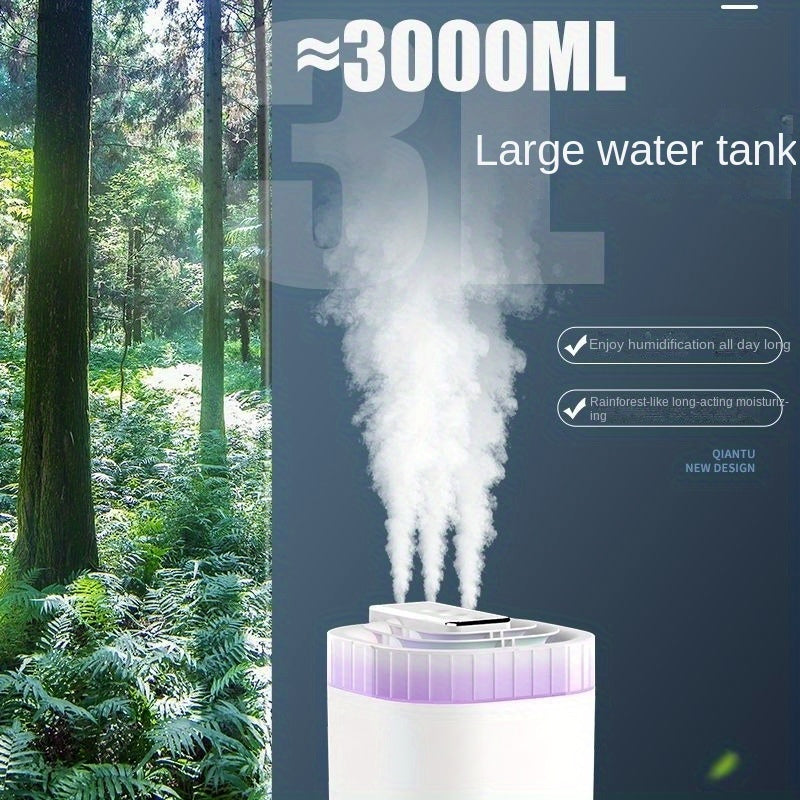 3L Large Capacity Silent Rhythm Humidifier - Whisper-Quiet Operation, Three Spout Design for Heavy Fog Output, Ideal for Office, Bedroom, and Home Use - Easy to Clean and Refill, Mute Operation for Undisturbed Sleep