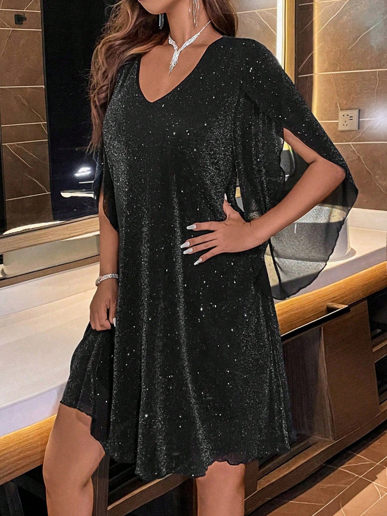 Cloak Sleeve Glitter Dress