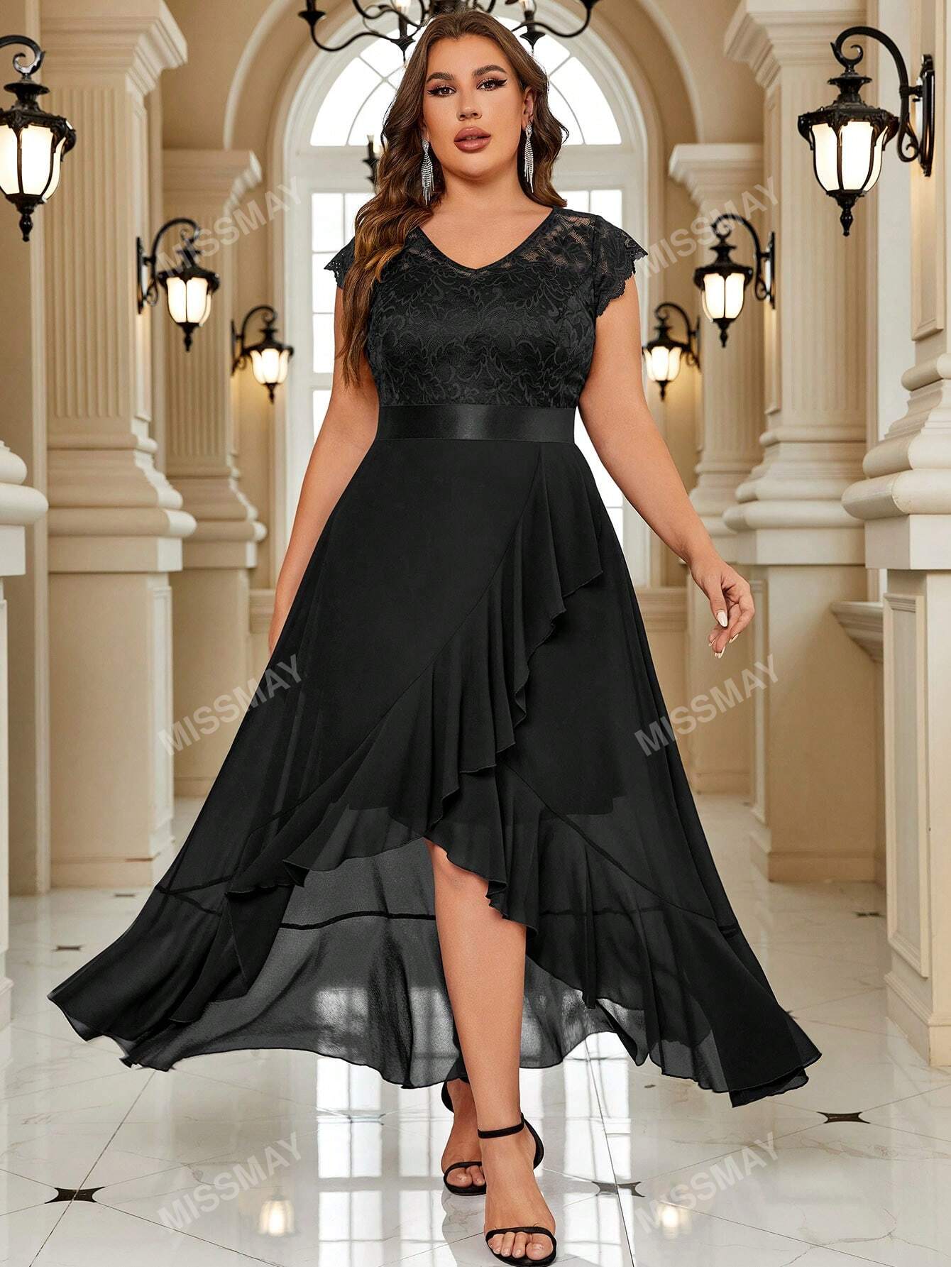 Plus Contrast Lace Chiffon Ruffle Split Hem Formal Party Long Dress