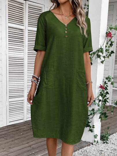 LUNE Women Summer Vacation V-Neck Short Sleeve Pocketed Dress