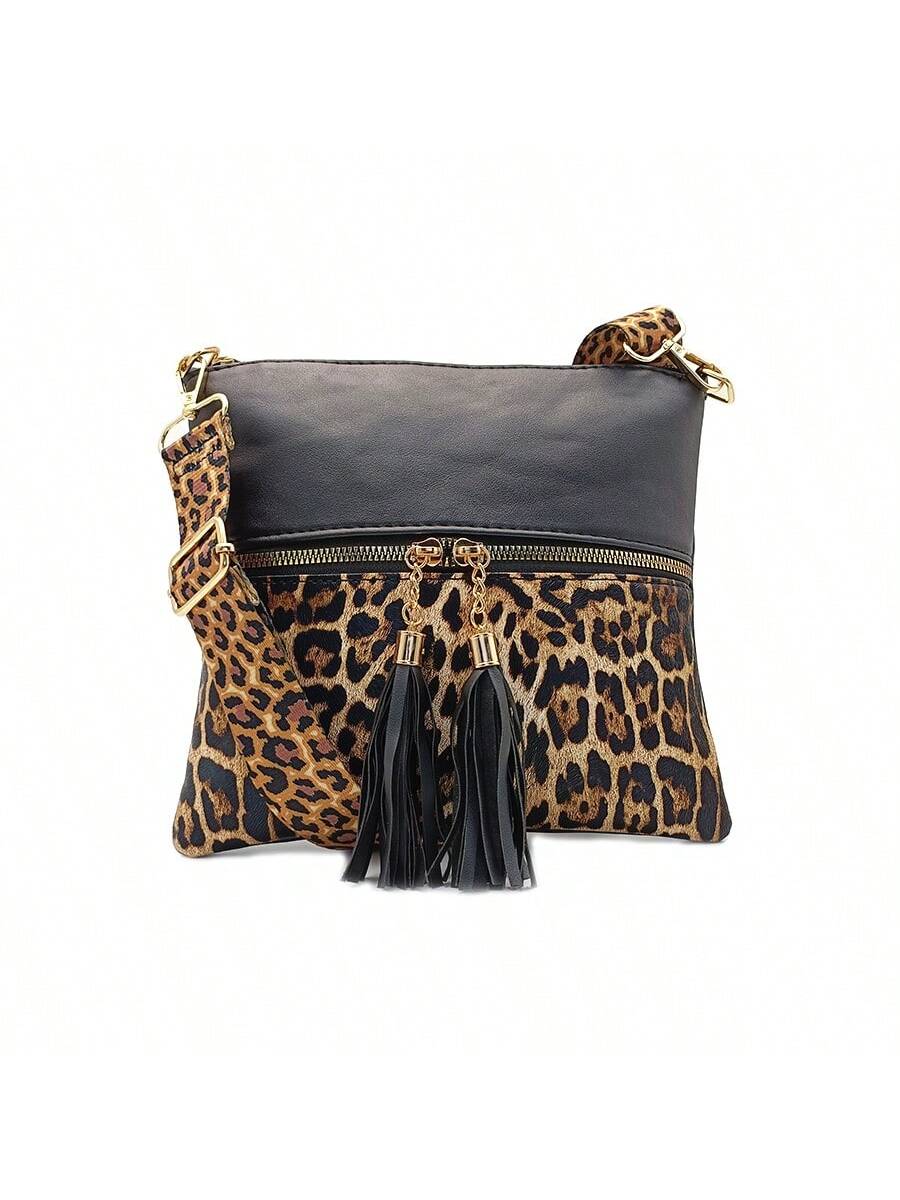 Leopard Print Wide Strap Shoulder Bag, Fashion Shoulder Crossbody Bag, New European And American Style Crossbody Bag, Fashionable Ultra-Thin Contrast Color Crossbody Purse, Crossbody Bag With Tassel, Trendy Lepard Print Cheetah Bag For Women Leopard Come